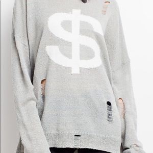 Distressed Look Graphic Sweater Pull-Over Dollar Sign Soft Gray Sweater MED NWOT